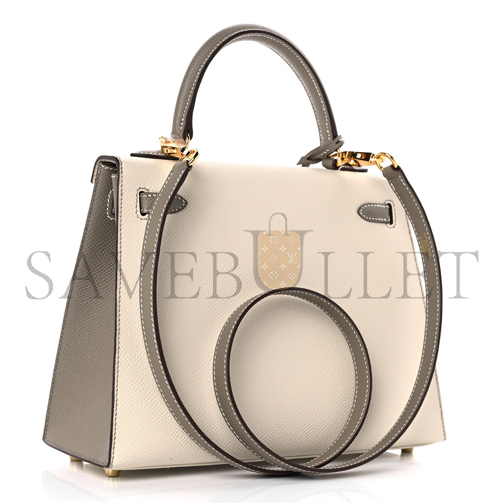 HERMÈS MASTER EPSOM KELLY 25 MILKSHAKE WHITE WITH ELEPHANT GRAY (25*17*7cm)
